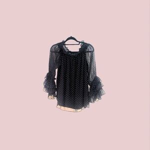 CeCe Black Polka Dot Ruffle Sleeve Blouse | Size M | Sheer Chiffon Top